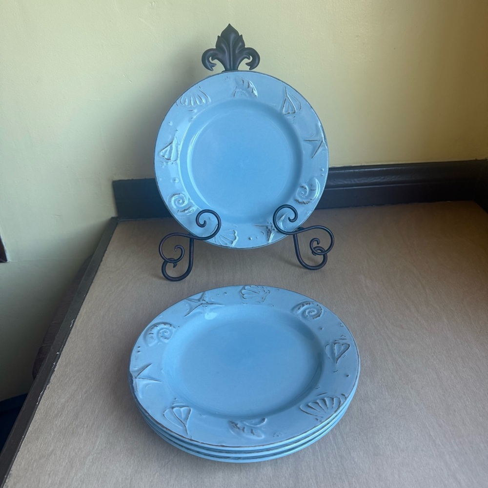 Thomson Pottery Cape Cod Plate Blue Seashells Nautical Set of 4 - Picture 1 of 11